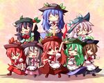  &gt;_&lt; :d ^_^ alternate_color alternate_hair_color arm_up arms_up black_hair blue_hair blush boots brown_hair chibi clone closed_eyes dress food fruit green_hair hat hinanawi_tenshi holding long_hair multiple_girls multiple_persona ominaeshi_(takenoko) open_mouth peach player_2 red_hair silver_hair smile solid_circle_eyes sword_of_hisou touhou touhou_hisoutensoku 