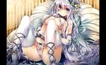  blue_eyes blush bow bow_panties breasts collar covered_nipples cuffs elbow_gloves flower gloves head_wreath highres large_breasts long_hair original panties pillarboxed pointy_ears shackles silver_hair solo thighhighs ukyo_rst underwear underwear_only very_long_hair wallpaper white_gloves white_panties 