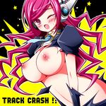  1girl blush breasts character_request headphones large_breasts long_hair lowres misa0 nikuchimaki nipples open_mouth pink_eyes pink_hair rasis solo sound_voltex source_request star tears torn_clothes wince 