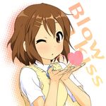  blown_kiss brown_eyes brown_hair heart highres hirasawa_yui k-on! k10k one_eye_closed sakuragaoka_high_school_uniform school_uniform short_hair sweater_vest 