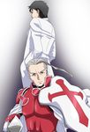  armor black_hair blue_eyes heathcliff kayaba_akihiko labcoat long_hair multiple_boys ribonzu shield short_hair spoilers sword sword_art_online weapon 