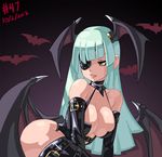  2012 alternate_costume bare_shoulders bat_wings boots breasts cleavage corset dated demon_girl dominatrix elbow_gloves eyepatch eyeshadow gloves green_eyes green_hair head_wings junkpuyo large_breasts leather leather_boots leather_gloves lipstick long_hair makeup morrigan_aensland revealing_clothes solo succubus thigh_boots thighhighs vampire_(game) wings 