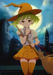  broom finger_to_mouth full_moon green_hair hat hirokazu moon night orange_eyes original shushing solo thighhighs witch_hat 