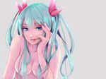  aqua_hair blue_eyes breasts grey_background hand_on_own_face hatsune_miku long_hair looking_at_viewer medium_breasts nude saojou simple_background solo twintails upper_body vocaloid 