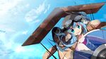  aircraft airplane aqua_eyes aqua_hair aviator_cap cloud day flying goggles goggles_on_head hatsune_miku highres long_hair marirero_a open_mouth sky sky_scape_(vocaloid) solo teeth vocaloid wind 