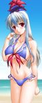  beach bikini blue_hair blush breasts byeontae_jagga collarbone front-tie_top hat kamishirasawa_keine large_breasts long_hair looking_at_viewer multicolored_hair red_eyes shiny shiny_skin silver_hair simple_background smile solo swimsuit touhou two-tone_hair 