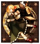  basket cookie cup food highres one_eye_closed plaid plaid_background rumia smile solo spark621 star table teacup touhou 