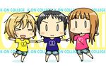  3girls black_hair blonde_hair brown_hair chibi copyright_name hayashi_sachi k-on! k10k long_hair mole mole_under_eye multiple_girls shirt short_hair t-shirt wada_akira yoshida_ayame |_| 