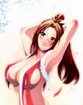  armpits arms_up blush breasts brown_eyes brown_hair cleavage covered_nipples dem_(tamamoyaryu) fatal_fury high_ponytail japanese_clothes large_breasts lips long_hair rope shimenawa shiranui_mai sideboob solo the_king_of_fighters torn_clothes 