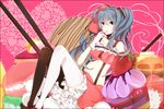  food fruit gloves hatsune_miku highres hiiro in_food long_hair looking_at_viewer minigirl navel pancake pocky sitting solo strawberry suspenders thighhighs vocaloid 