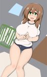  1girl breasts brown_hair female green_eyes gym_storeroom gym_uniform huge_breasts kaz_(shade) legs long_hair makihara_nodoka open_mouth original shirt shorts solo sport standing thigh_gap thighs volleyball 