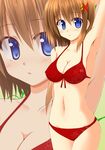  arm_behind_head armpits bikini blue_eyes blush breasts brown_hair cleavage hair_ornament lask lyrical_nanoha mahou_shoujo_lyrical_nanoha_strikers medium_breasts navel red_bikini short_hair solo swimsuit x_hair_ornament yagami_hayate zoom_layer 