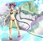  &gt;_&lt; armpits bangs bikini black_hair blue_bikini blue_sky blush bulkhead closed_eyes cloud dated day earrings flat_chest gradient gradient_background grin holding hose jewelry long_hair looking_at_viewer low-tied_long_hair lowleg lowleg_bikini markmm miko_nakadai multicolored_hair navel outdoors outline outstretched_arm pink_hair polka_dot polka_dot_background polka_dot_bikini polka_dot_swimsuit ponytail red_eyes robot sandals short_twintails sky smile soap sponge standing swept_bangs swimsuit transformers transformers_prime twintails two_side_up water 
