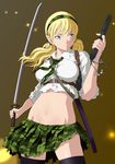  blonde_hair blue_eyes breasts btooom! camouflage camouflage_hairband camouflage_skirt cosplay gun hairband highres himiko_(btooom!) holster jolly_roger katana long_hair medium_breasts midriff navel necktie parody skirt sleeves_rolled_up smile_(rz) solo sucker_punch sword thighhighs torn_clothes torn_skirt twintails weapon zettai_ryouiki 