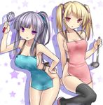  apron bare_shoulders black_legwear blonde_hair breasts cleavage hair_ribbon ladle large_breasts leaning_forward long_hair multiple_girls naked_apron open_mouth original ponytail purple_eyes red_eyes ribbon sideboob silver_hair simple_background smile star starry_background thighhighs tsukumiya_amane twintails whisk 