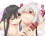  2girls banana black_eyes black_hair breasts catfight censored disembodied_penis erect_nipples fujiwara_no_mokou houraisan_kaguya long_hair multiple_girls nipples open_mouth penis red_eyes short_hair touhou white_hair wink yes_warabi 