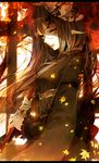  autumn_leaves ayatoki-1 black_hair highres japanese_clothes kimono long_hair mask oriental_umbrella original red_eyes smile solo umbrella 