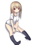  black_legwear blonde_hair breasts feet gym_uniform leaning_forward long_hair medium_breasts original red_eyes shirt simple_background sitting socks solo t-shirt taut_clothes taut_shirt tsukumiya_amane white_background 