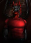  abs biceps black_body black_dragon bricks cigarette clothing dragon frown fur hair horn jeans maionios male muscles pants pecs pose red red_hair red_horns reddyeno5 scales scalie shirt smoking standing toned trousers vein wall wings yellow_eyes 