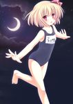  barefoot blonde_hair bu-n collarbone crescent_moon marokko. moon one-piece_swimsuit outstretched_arms red_eyes rumia running school_swimsuit short_hair sky solo spread_arms star_(sky) starry_sky swimsuit touhou 