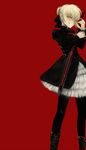  artoria_pendragon_(all) bad_id bad_pixiv_id blonde_hair boots bow dark_excalibur dress fate/stay_night fate_(series) hair_bow highres nekoyanagi_mero pantyhose red_background saber_alter simple_background solo sword weapon yellow_eyes 