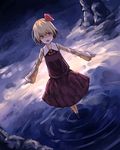  blonde_hair buruxugi hair_ribbon night open_mouth red_eyes ribbon rumia solo standing touhou water 