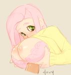  big_breasts blush bra breasts doxy female fluttershy_(mlp) friendship_is_magic green_eyes hair huge_breasts human humanized my_little_pony penis pink_hair plain_background sweater titfuck 