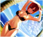  armpits arms_up bare_shoulders beach bikini black_bikini bow bowtie breasts cleavage contrapposto dutch_angle fingernails green_eyes highres koutaro large_breasts long_fingernails nail_polish navel o-ring o-ring_top red_hair rio_rollins scan short_hair side-tie_bikini smile solo standing super_blackjack swimsuit 