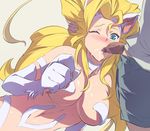  1girl akira_(coffee_curry) alternate_color animal_ears blonde_hair blue_eyes blush breasts cat_ears dark_penis felicia fellatio fur hand_on_head head_grab hetero large_breasts long_hair navel oral paws penis vampire_(game) white_background wince 