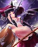  bad_id bad_pixiv_id bat black_hair boots breasts broom broom_riding cleavage cloud elbow_gloves from_below gloves halloween hat large_breasts light_particles long_hair looking_at_viewer midriff original purple_eyes rin2008 sidesaddle sky smile solo witch witch_hat 