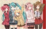  aqua_eyes aqua_hair arm_up arms_up belt blonde_hair blue_eyes brown_eyes brown_hair crossed_arms crossover drill_hair garter_straps hair_ornament hair_ribbon hairclip hatsune_miku jewelry kagamine_rin kasane_teto lace lace-trimmed_thighhighs long_hair megurine_luka meiko mikipa multiple_girls necklace necktie one_eye_closed open_mouth pantyhose pink_hair red_eyes red_hair ribbon short_hair skirt striped striped_legwear thighhighs twin_drills twintails utau vertical-striped_legwear vertical_stripes very_long_hair vocaloid waving 