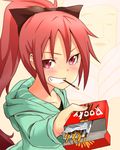  blush food grin holding hood hoodie ichiran long_hair looking_at_viewer mahou_shoujo_madoka_magica mouth_hold pocky red_eyes red_hair sakura_kyouko smile solo 