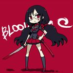  :&lt; black_hair black_legwear blood blood-c blood_on_face chan_co chibi copyright_name frown full_body glasses katana kisaragi_saya kneehighs long_hair red_background red_eyes school_uniform sheath skirt standing sword twintails weapon 