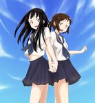  :d back-to-back black_hair brown_hair chitanda_eru highres holding_hands hyouka ibara_mayaka lion_(macross_frontier) macross macross_frontier migi_(13111132) multiple_girls open_mouth parody purple_eyes school_uniform serafuku short_hair smile 