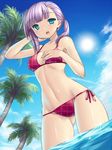  asymmetrical_bangs bangs bare_shoulders bikini blue_eyes cloud day hand_behind_head navel open_mouth original palm_tree purple_hair red_bikini side-tie_bikini sky slender_waist smile solo swimsuit toned tree tsukumiya_amane wading water 