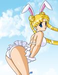  1girl animal_ears arched_back ass bishoujo_senshi_sailor_moon blonde_hair blue_eyes bunny_ears cloud desingahv earrings jewelry leaning_forward looking_back outdoors pleated_skirt sailor_moon skindentation skirt sky smile solo tsukino_usagi twintails 