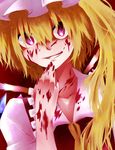  bad_id bad_pixiv_id blood blood_on_face close-up flandre_scarlet hair_between_eyes hakurasoa hand_on_own_face highres long_hair looking_at_viewer pink_eyes side_ponytail smile smirk solo touhou 