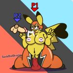  2018 anthro balls breasts cleft_tail clothed clothing cosplay_pikachu cum cum_string digital_media_(artwork) dildo dildo_sitting disembodied_penis erection female fur male mammal mask nintendo nipples open_mouth penetration penis pikachu pikachu_libre pok&eacute;mon pok&eacute;mon_(species) pussy pussy_juice sex_toy simple_background sushirolldragon thick_thighs tongue tongue_out v_sign vaginal vaginal_penetration video_games wide_hips 