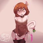  2018 5_fingers anthro blush breasts brown_eyes brown_hair cat christmas clothed clothing collar digital_media_(artwork) eyewear fejess96 feline female fur glasses hair hi_res holidays humanoid_hands jessica_(fejess96) legwear looking_at_viewer mammal open_mouth simple_background smile solo standing stockings sweater teenager teeth white_fur young 