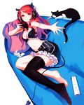  absurdres bare_shoulders black_legwear breasts cat cleavage controller couch demon_tail dualshock frills game_controller gamepad headset highres horns long_hair lying medium_breasts midriff navel on_side original red_eyes red_hair scan single_thighhigh smile solo tail thighhighs vofan wii_remote 