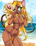  beach big_breasts black_nose blonde_hair blush breasts brown_fur cloud crystal-for-ever female fur green_eyes hair long_hair nails navel nipples nude open_mouth panties sand sea seaside sky smile solo standing thick_thighs thighs tongue underwear water wide_hips 