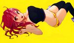  :d absurdres bare_shoulders black_legwear boyshorts breasts cleavage copyright_request highres large_breasts long_hair looking_at_viewer lying on_back open_mouth orange_eyes red_hair short_shorts shorts simple_background smile solo strapless thigh_gap thighhighs zekkyou_(h9s9) 