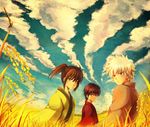  brown_eyes brown_hair bug child dragonfly gintama grass insect katsura_kotarou male_focus multiple_boys muraki_kazuha ponytail red_eyes sakata_gintoki silver_hair takasugi_shinsuke younger 