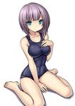  bare_legs bare_shoulders barefoot between_legs blue_eyes breasts covered_navel feet grey_hair hand_between_legs hand_on_own_chest impossible_clothes impossible_swimsuit medium_breasts one-piece_swimsuit original school_swimsuit short_hair simple_background sitting solo swimsuit thighs tsukumiya_amane wariza white_background 