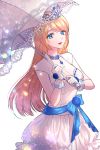 :d blue_bow blue_eyes blue_flower bow breasts cleavage commission crown dress flower gloves holding holding_umbrella hsmoji jewelry long_hair open_mouth original parasol small_breasts smile solo standing umbrella very_long_hair white_background white_dress white_gloves 