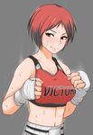  blush boxing_gloves breasts clothes_writing dead_or_alive dead_or_alive_5 fingerless_gloves gloves large_breasts midriff mila_(doa) mixed_martial_arts navel red_eyes red_hair short_hair shorts solo sports_bra sweat testes 