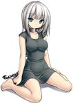  bare_legs barefoot blue_eyes breasts chain collar dress feet impossible_clothes impossible_dress legs original short_hair silver_hair sitting solo tsukumiya_amane wariza 