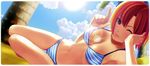  ;) arm_support bare_shoulders bikini blue_sky breasts cleavage cloud day fingernails green_eyes highres koutaro lens_flare long_fingernails lying medium_breasts nail_polish navel on_side one_eye_closed palm_tree parted_lips red_hair rio_rollins scan short_hair sky smile solo striped striped_bikini sun sunlight super_blackjack swimsuit thigh_gap tree 