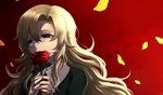  banned_artist blonde_hair blue_eyes flower gradient gradient_background harano highres holding ib long_hair mary_(ib) petals red_flower red_rose rose solo tears 