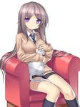  armchair cardigan cat chair hair_ornament hairclip long_hair original purple_eyes silver_hair simple_background sitting smile solo tsukumiya_amane white_background 